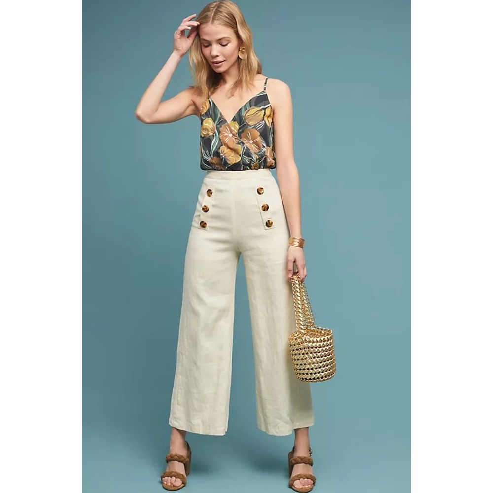 Faithfull The Brand Linen Sailor Pants Ivory Yellow Wide Leg High Waist Size L